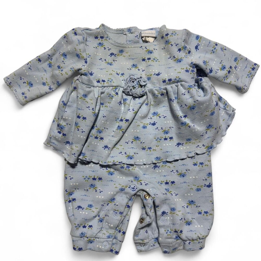 Vintage Vitamins Baby Blue Floral Romper One Piece Dress Size 3/6M‎